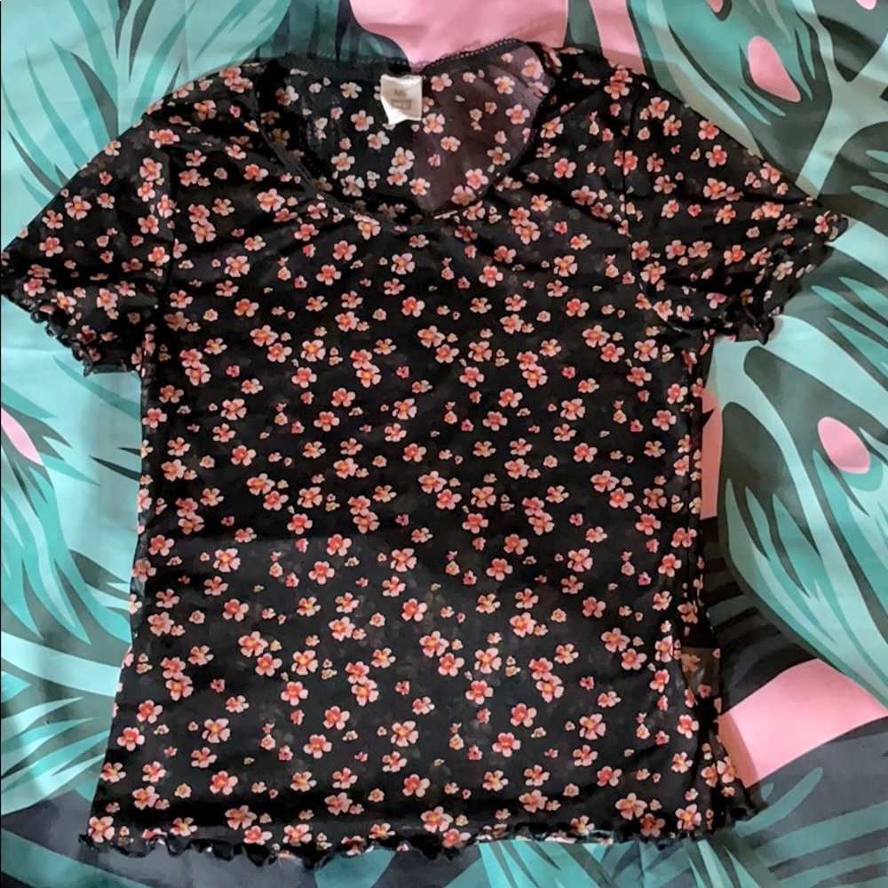 See through lettuce edge floral crop top